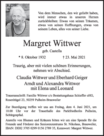 Anzeige von Margret Wittwer von  Wochenende 
