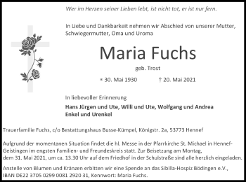 Anzeige von Maria Fuchs von Kölner Stadt-Anzeiger / Kölnische Rundschau / Express