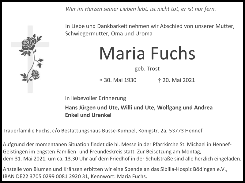  Traueranzeige für Maria Fuchs vom 26.05.2021 aus Kölner Stadt-Anzeiger / Kölnische Rundschau / Express