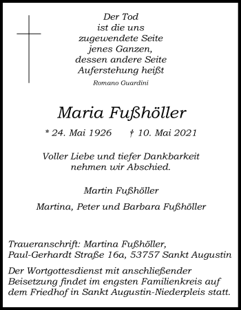 Anzeige von Maria Fußhöller von Kölner Stadt-Anzeiger / Kölnische Rundschau / Express