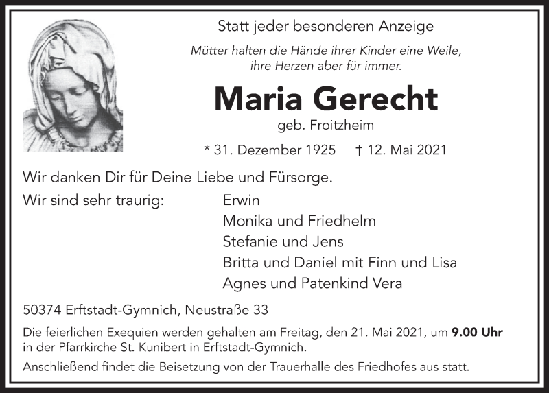  Traueranzeige für Maria Gerecht vom 21.05.2021 aus  Werbepost 
