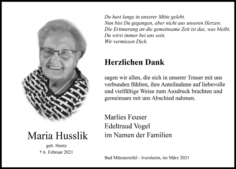  Traueranzeige für Maria Husslik vom 20.03.2021 aus  Blickpunkt Euskirchen 
