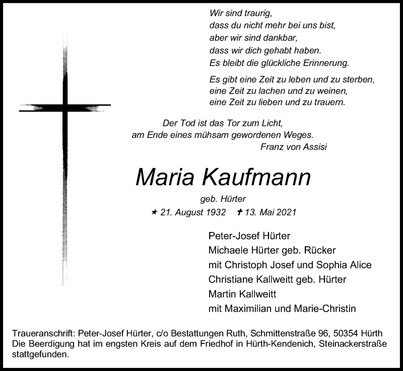  Traueranzeige für Maria Kaufmann vom 22.05.2021 aus Kölner Stadt-Anzeiger / Kölnische Rundschau / Express