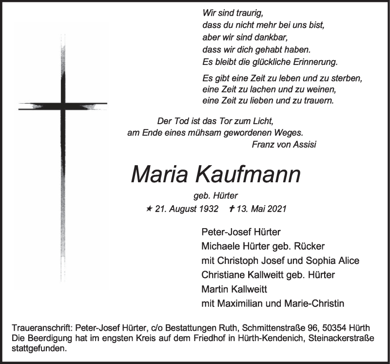  Traueranzeige für Maria Kaufmann vom 21.05.2021 aus  Wochenende 
