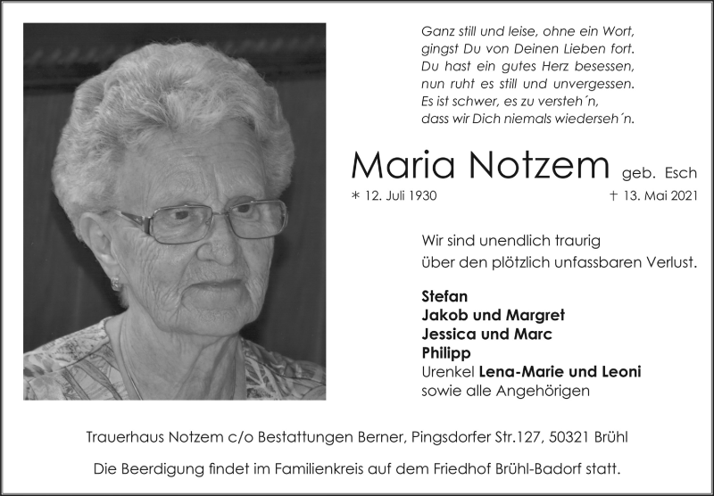  Traueranzeige für Maria Notzem vom 21.05.2021 aus  Schlossbote/Werbekurier 
