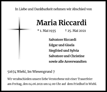 Anzeige von Maria Riccardi von Kölner Stadt-Anzeiger / Kölnische Rundschau / Express