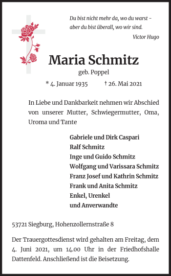 Anzeige von Maria Schmitz von Kölner Stadt-Anzeiger / Kölnische Rundschau / Express