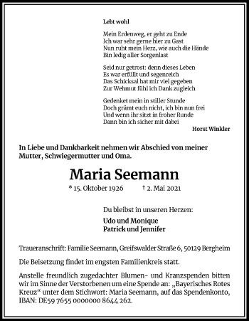 Anzeige von Maria Seemann von Kölner Stadt-Anzeiger / Kölnische Rundschau / Express