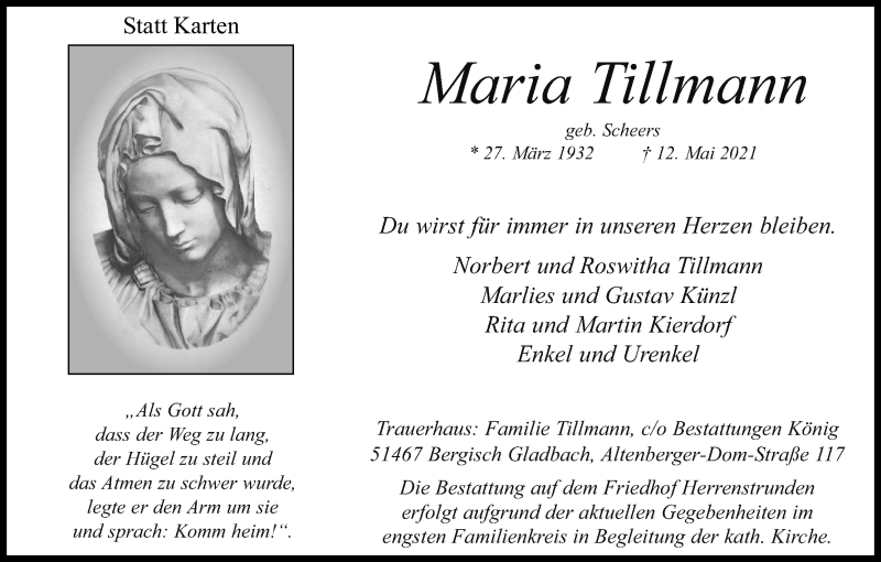  Traueranzeige für Maria Tillmann vom 22.05.2021 aus Kölner Stadt-Anzeiger / Kölnische Rundschau / Express