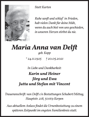 Anzeige von Maria Anna van Delft von  Wochenende 