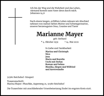 Anzeige von Marianne Mayer von Kölner Stadt-Anzeiger / Kölnische Rundschau / Express