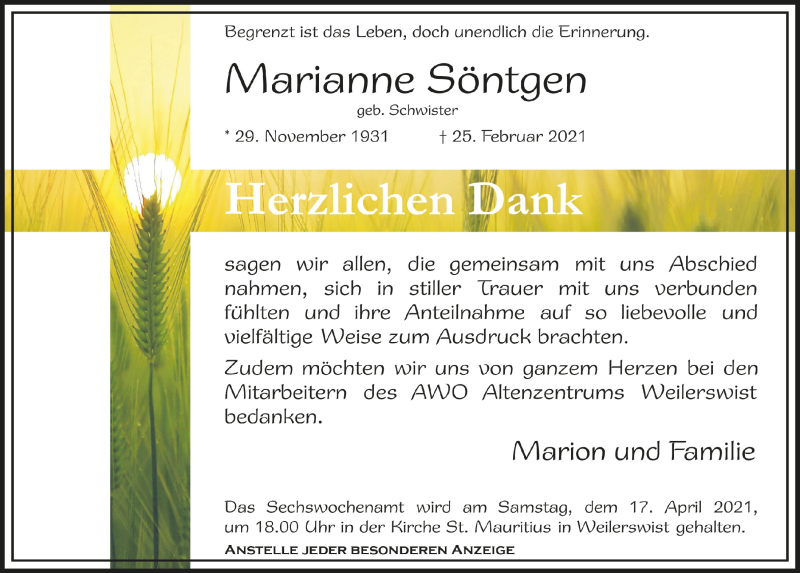  Traueranzeige für Marianne Söntgen vom 20.03.2021 aus  Schlossbote/Werbekurier 