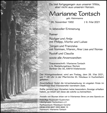 Anzeige von Marianne Tontsch von Kölner Stadt-Anzeiger / Kölnische Rundschau / Express