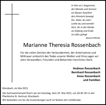 Anzeige von Marianne Theresia Rossenbach von Kölner Stadt-Anzeiger / Kölnische Rundschau / Express