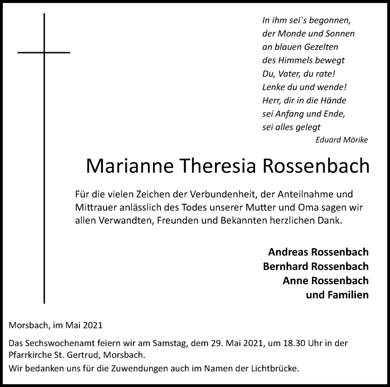  Traueranzeige für Marianne Theresia Rossenbach vom 22.05.2021 aus Kölner Stadt-Anzeiger / Kölnische Rundschau / Express