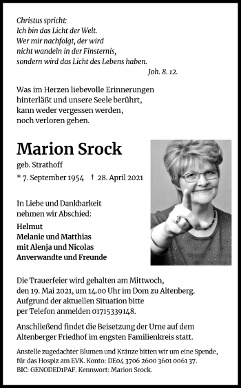 Anzeige von Marion Srock von Kölner Stadt-Anzeiger / Kölnische Rundschau / Express