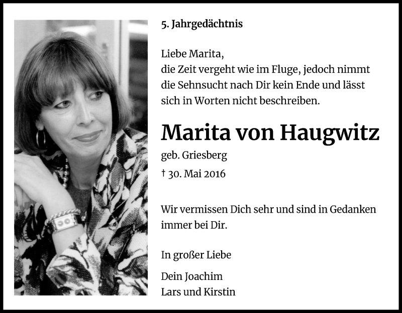  Traueranzeige für Marita von Haugwitz vom 29.05.2021 aus Kölner Stadt-Anzeiger / Kölnische Rundschau / Express