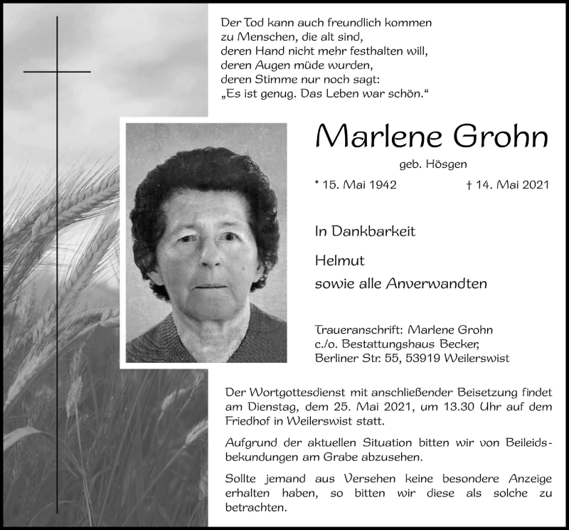  Traueranzeige für Marlene Grohn vom 22.05.2021 aus  Blickpunkt Euskirchen 