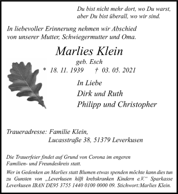 Anzeige von Marlies Klein von  Kölner Wochenspiegel 