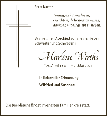 Anzeige von Marliese Wirths von  Lokalanzeiger 
