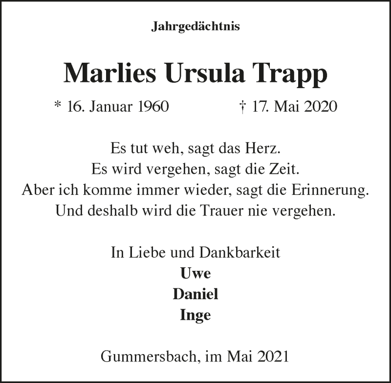  Traueranzeige für Marlies Ursula Trapp vom 14.05.2021 aus  Anzeigen Echo 