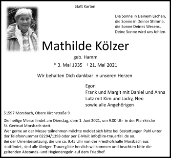Anzeige von Mathilde Kölzer von Kölner Stadt-Anzeiger / Kölnische Rundschau / Express
