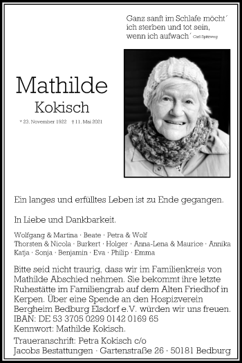 Anzeige von Mathilde Kokisch von Kölner Stadt-Anzeiger / Kölnische Rundschau / Express