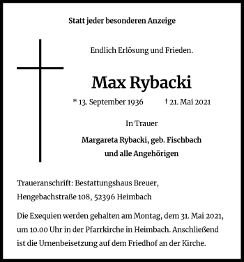 Anzeige von Max Rybacki von Kölner Stadt-Anzeiger / Kölnische Rundschau / Express