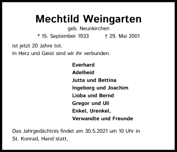 Anzeige von Mechtild Weingarten von Kölner Stadt-Anzeiger / Kölnische Rundschau / Express