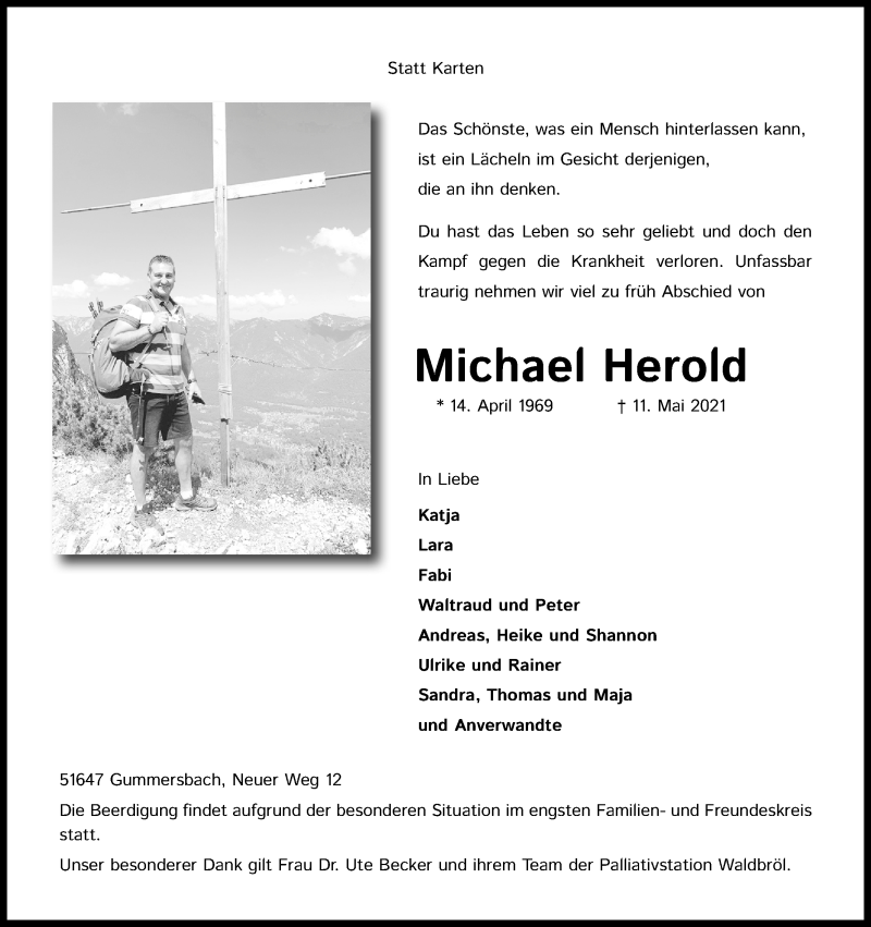  Traueranzeige für Michael Herold vom 22.05.2021 aus Kölner Stadt-Anzeiger / Kölnische Rundschau / Express