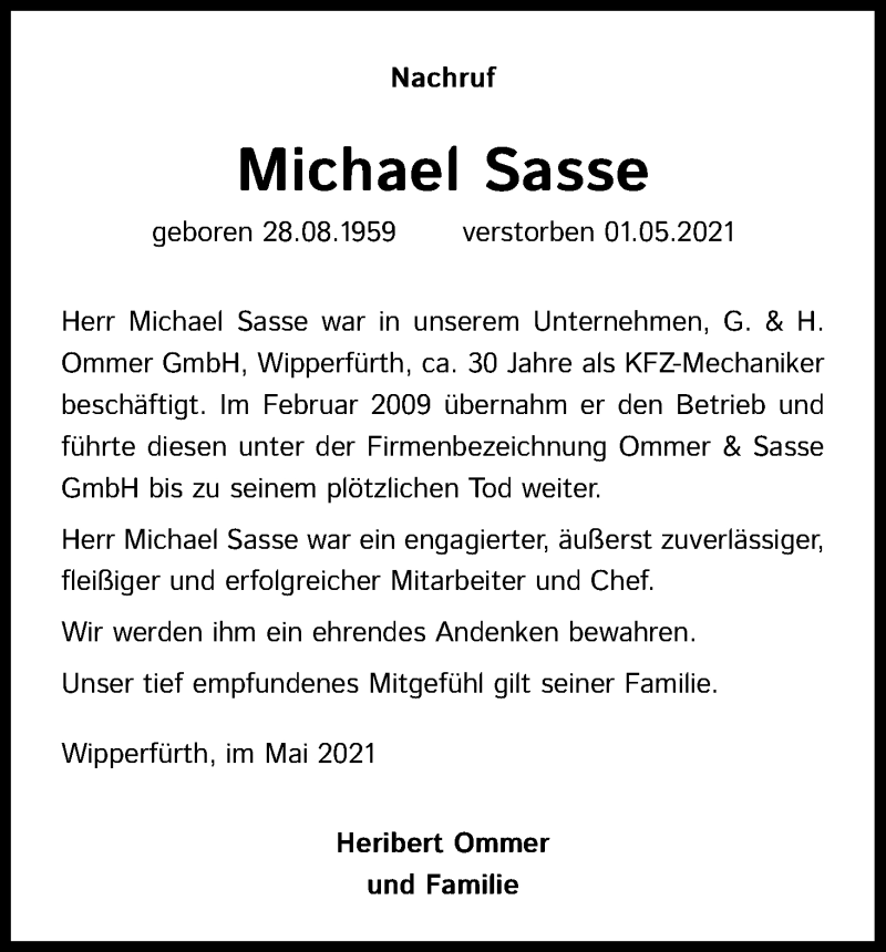  Traueranzeige für Michael Sasse vom 15.05.2021 aus Kölner Stadt-Anzeiger / Kölnische Rundschau / Express