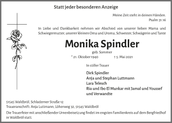 Anzeige von Monika Spindler von  Lokalanzeiger 