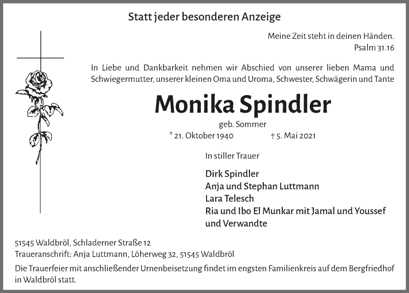  Traueranzeige für Monika Spindler vom 14.05.2021 aus  Lokalanzeiger 