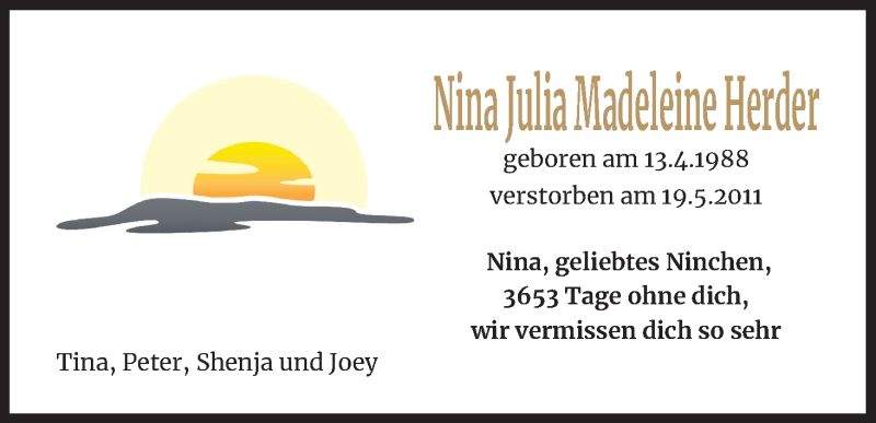  Traueranzeige für Nina Julia Madeleine Herder vom 19.05.2021 aus Kölner Stadt-Anzeiger / Kölnische Rundschau / Express