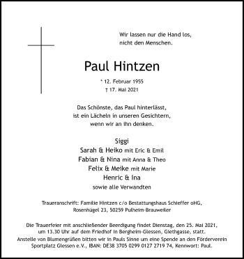 Anzeige von Paul Hintzen von Kölner Stadt-Anzeiger / Kölnische Rundschau / Express