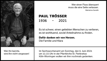 Anzeige von Paul Trösser von Kölner Stadt-Anzeiger / Kölnische Rundschau / Express