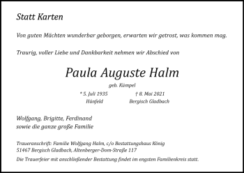 Anzeige von Paula Auguste Halm von Kölner Stadt-Anzeiger / Kölnische Rundschau / Express