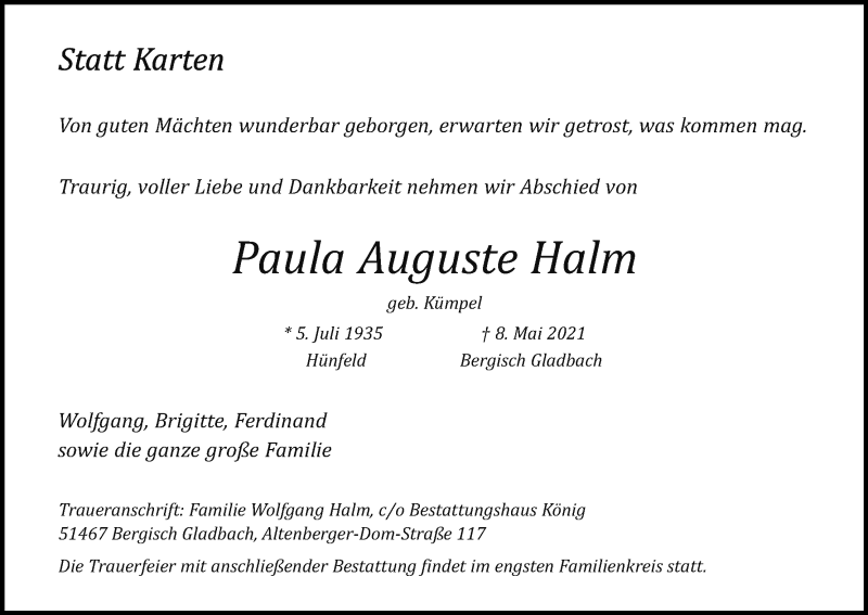  Traueranzeige für Paula Auguste Halm vom 15.05.2021 aus Kölner Stadt-Anzeiger / Kölnische Rundschau / Express