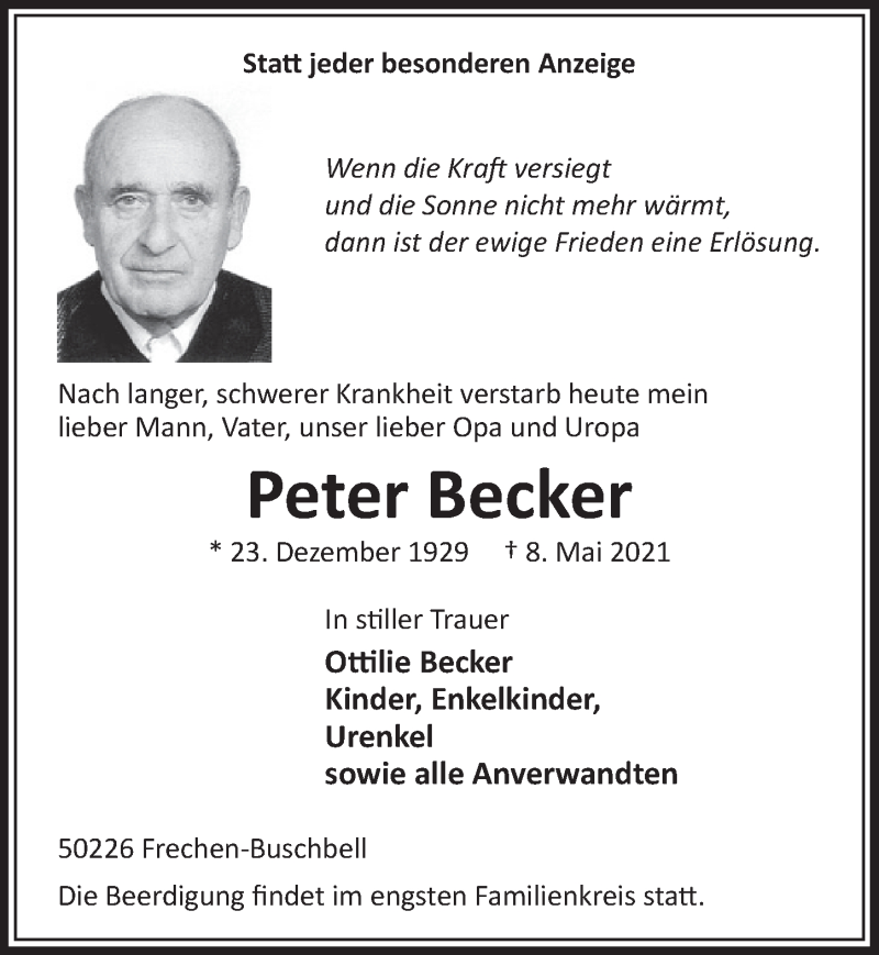  Traueranzeige für Peter Becker vom 14.05.2021 aus  Wochenende 