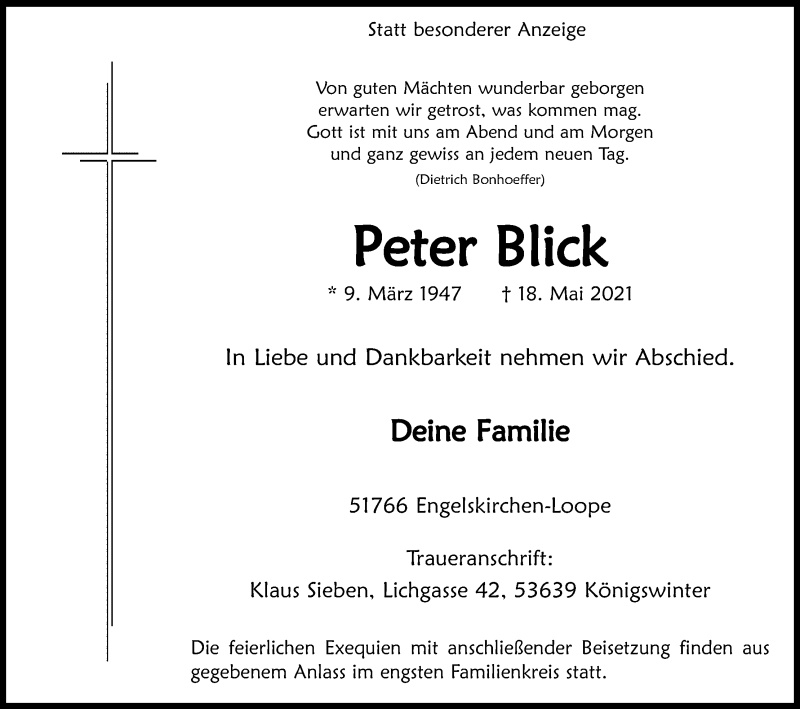  Traueranzeige für Peter Blick vom 22.05.2021 aus Kölner Stadt-Anzeiger / Kölnische Rundschau / Express
