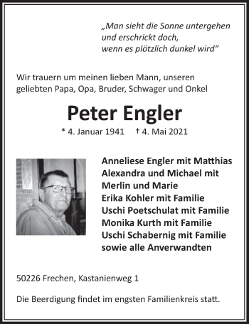 Anzeige von Peter Engler von  Wochenende 