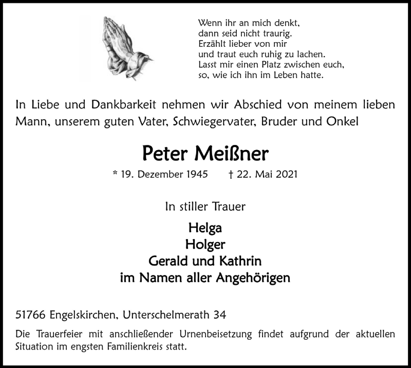  Traueranzeige für Peter Meißner vom 28.05.2021 aus  Anzeigen Echo 