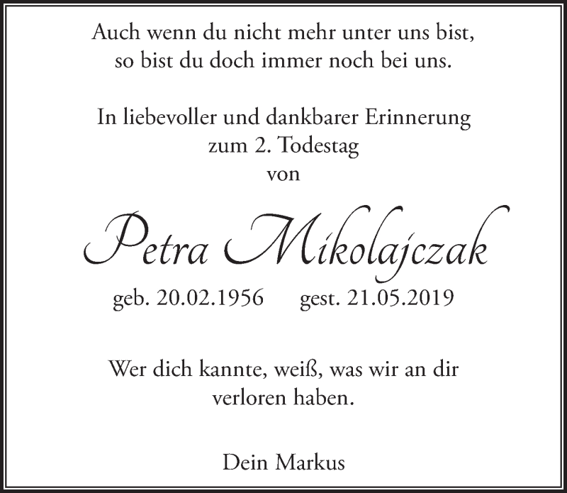  Traueranzeige für Petra Mikolajczak vom 21.05.2021 aus  Extra Blatt 