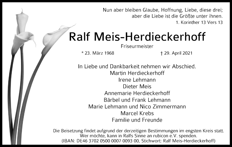  Traueranzeige für Ralf Meis-Herdieckerhoff vom 15.05.2021 aus Kölner Stadt-Anzeiger / Kölnische Rundschau / Express