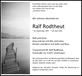 Anzeige von Ralf Rodtheut von Kölner Stadt-Anzeiger / Kölnische Rundschau / Express