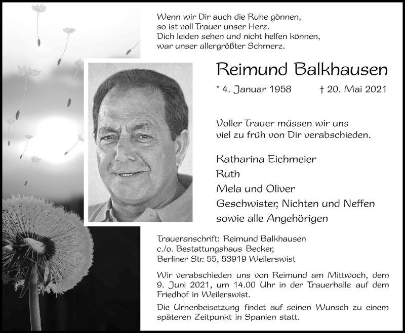  Traueranzeige für Reimund Balkhausen vom 29.05.2021 aus  Blickpunkt Euskirchen 