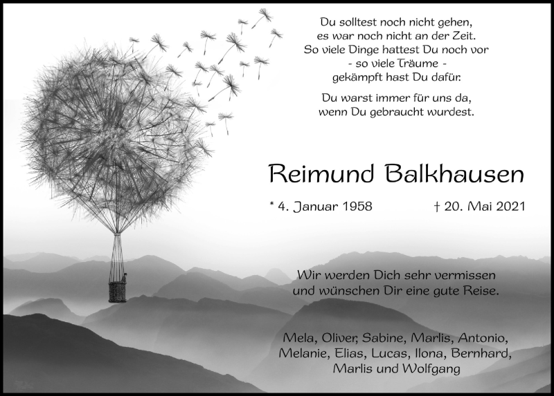  Traueranzeige für Reimund Balkhausen vom 29.05.2021 aus  Blickpunkt Euskirchen 