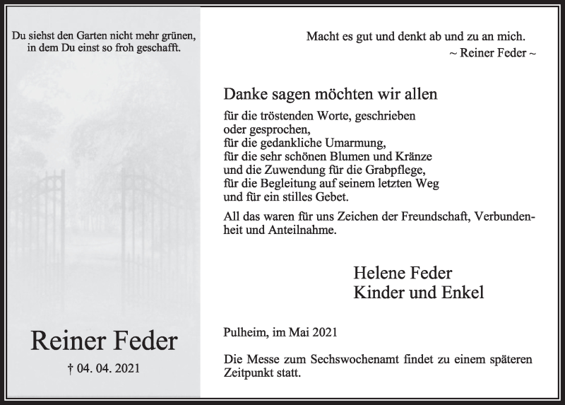  Traueranzeige für Reiner Feder vom 28.05.2021 aus  Wochenende 