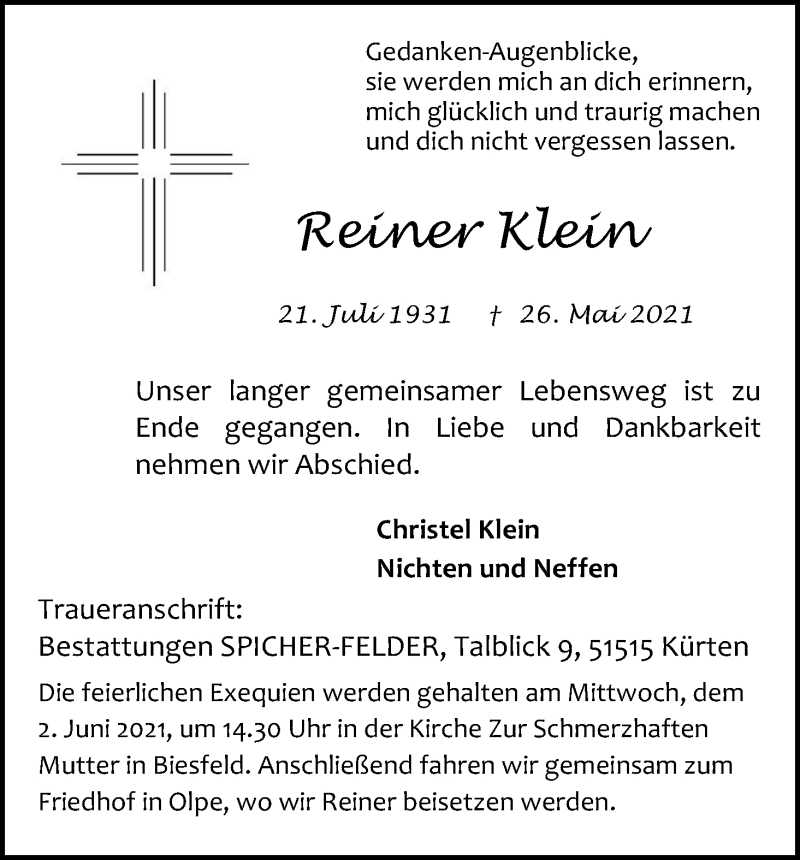  Traueranzeige für Reiner Klein vom 31.05.2021 aus Kölner Stadt-Anzeiger / Kölnische Rundschau / Express
