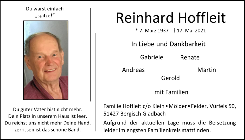  Traueranzeige für Reinhard Hoffleit vom 28.05.2021 aus  Bergisches Handelsblatt 